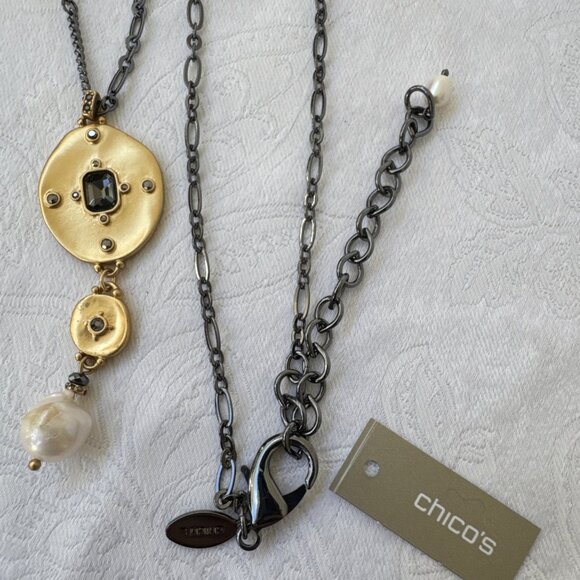 Chicos Blue Silver Gold Tone 18.5" Long Reversible Chain Statement Necklace NEW - Picture 4 of 14